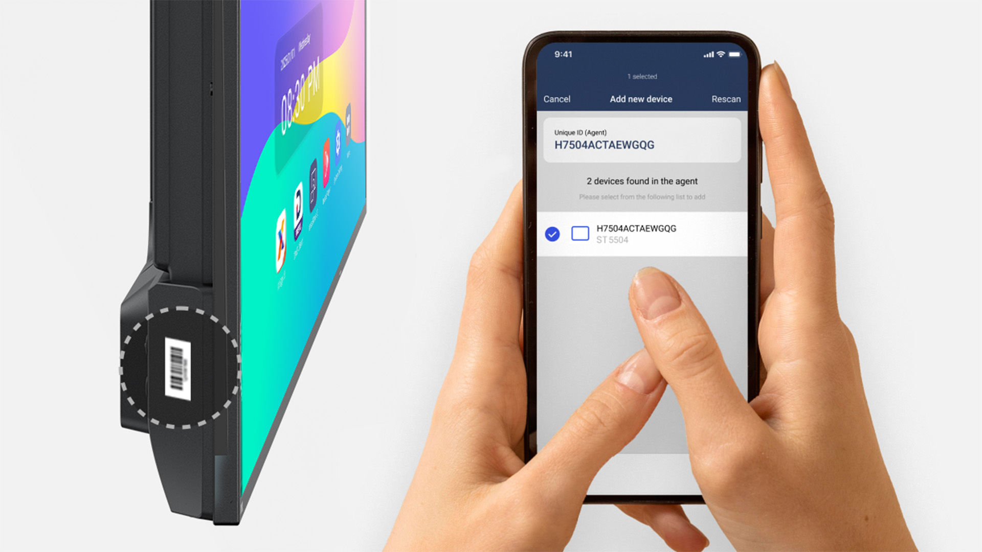 New ST04 display being scanned and auto-provisioned to DMS for quick school-wide deployment.