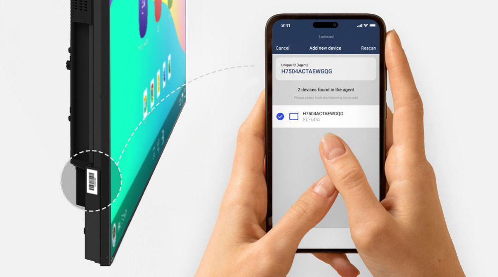 Signage with easy provisioning, allowing quick setup of multiple devices by scanning the barcode on the box or device to bind them to the BenQ Device Management Solution (DMS).