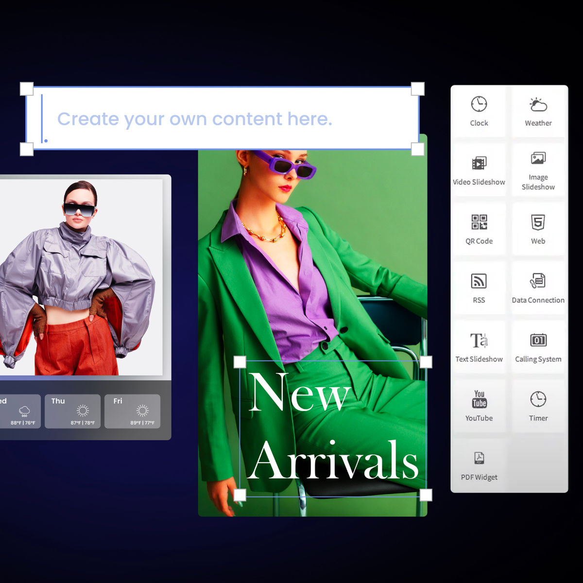 A "New Arrivals" fashion poster being edited on a BenQ digital signage interface, illustrating effortless content control tools designed to create and deploy content for business efficiency.