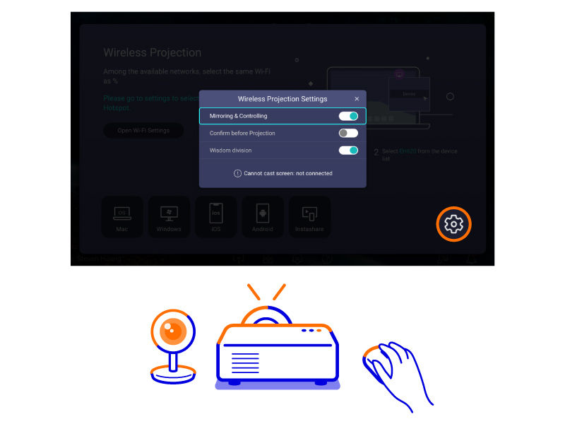 BenQ EH620 wireless BYOD content sharing setup for multiple screen sharing by turning on Mirroring & Controlling Switch