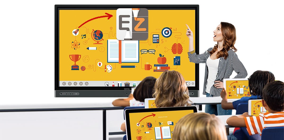 Papan interaktif pendidikan pintar RP8602 BenQ berpadu dengan papan tulis digital EZWrite untuk memfasilitasi kolaborasi, sumbang saran, dan pelajaran interaktif