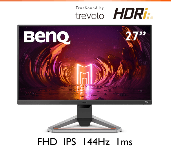 144Hz gaming monitor EX2710 provides smooth game play via lightning-fast 1ms MPRT plus FreeSync Premium and elevates sight and sound enjoyment via BenQ-exclusive HDRi, treVolo technology.