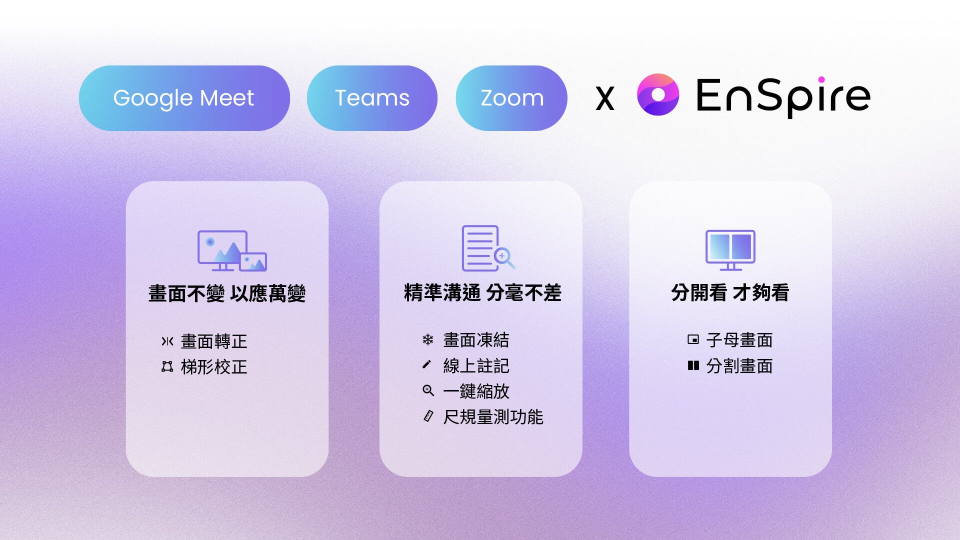 EnSpire 能與任何視訊軟體如Google Meet, Teams, Zoom 等搭配使用，只要利用視訊軟體分享EnSpire視窗畫面，即可輕鬆展示。