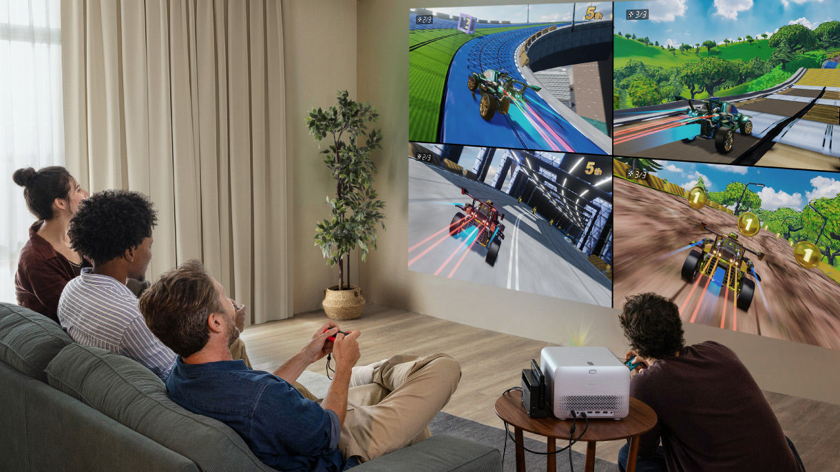 Partyspiel auf 150-Zoll-Bildschirm mit BenQ Projektor im Wohnzimmer