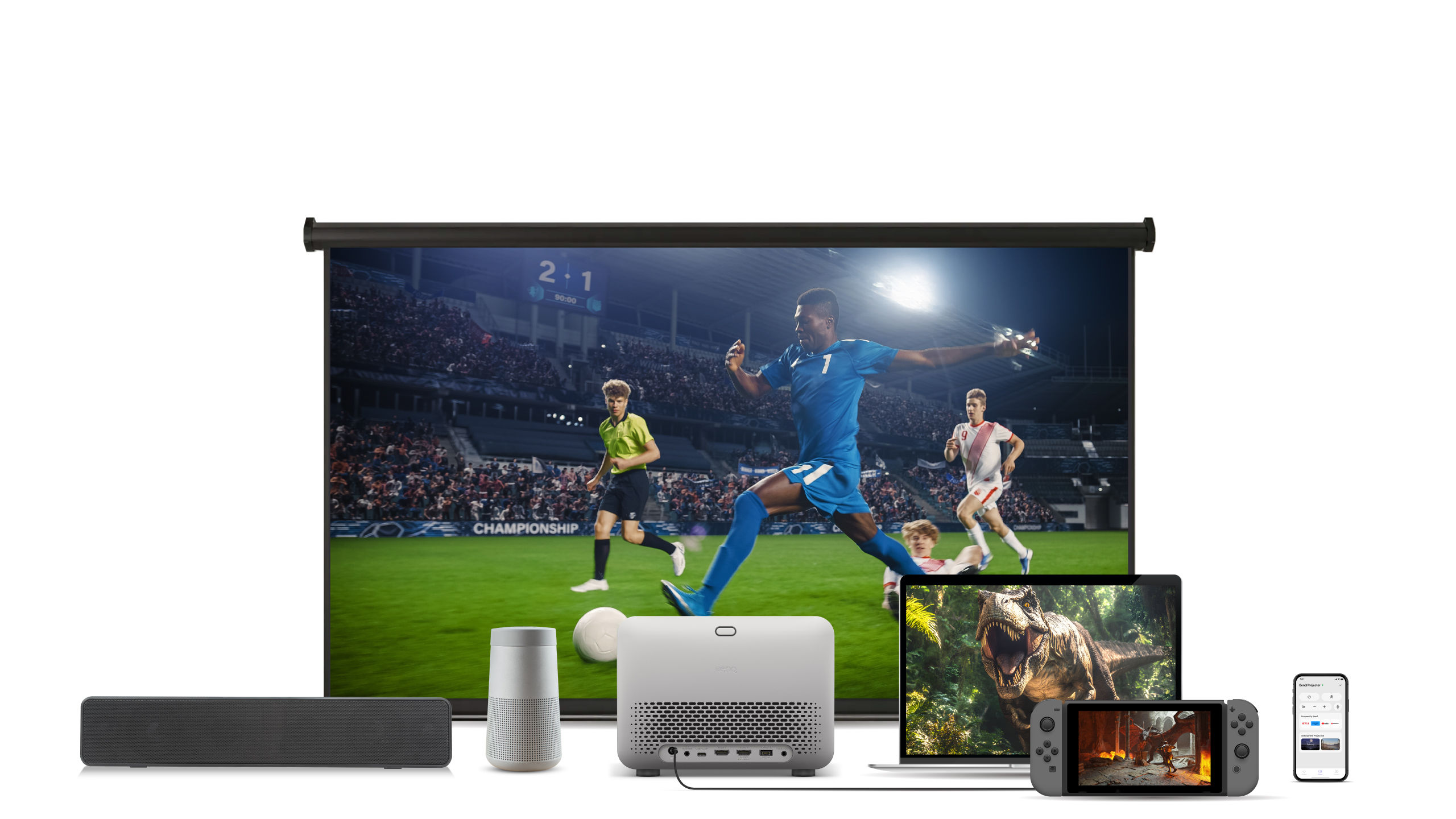 BenQ home entertainment projector connected to laptop, gaming console, smartphone, and Bluetooth speakers, projecting sports and movie content on a large screen