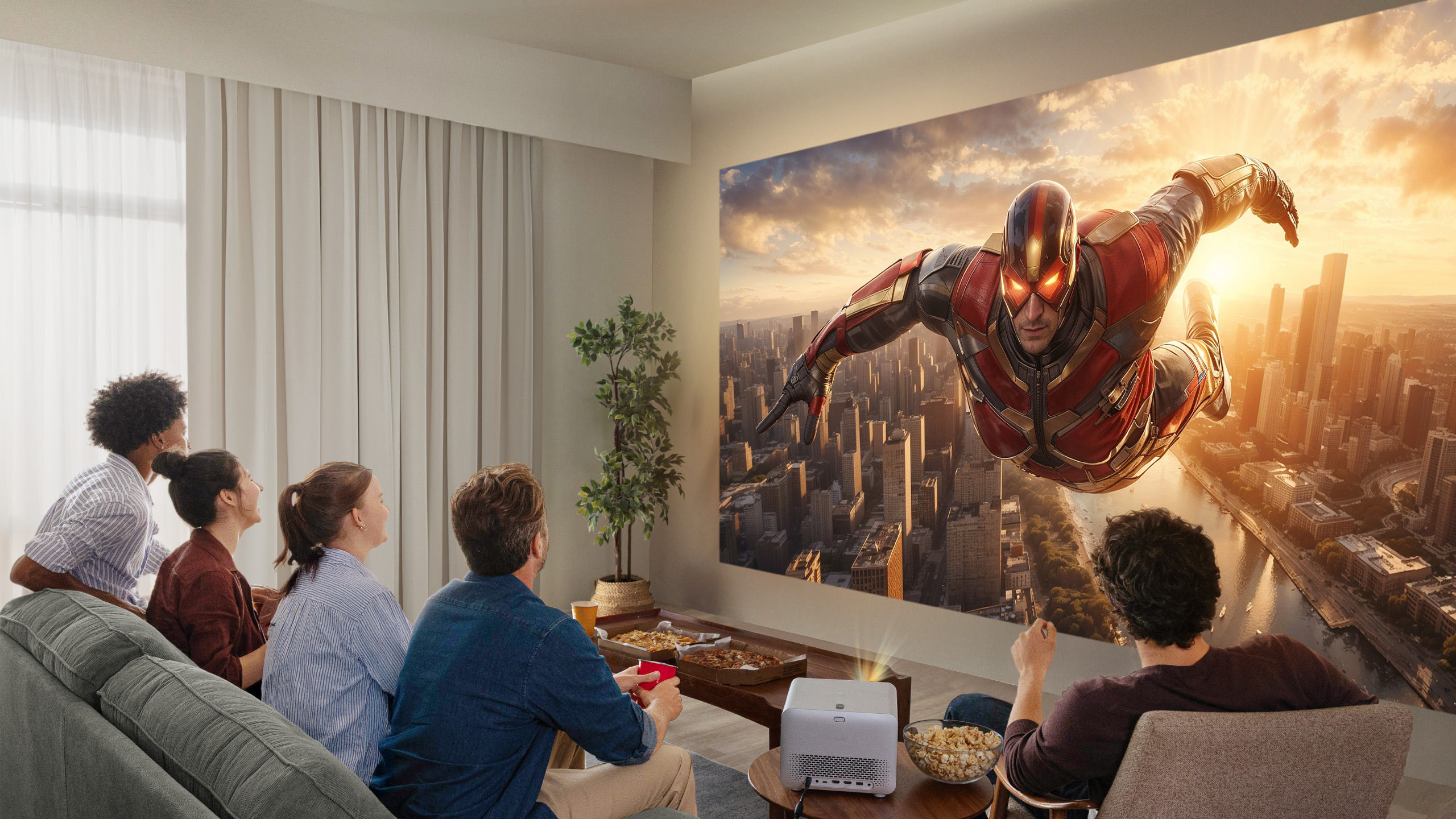 Friends enjoying a 150-inch 4K movie with a BenQ Home Entertainment Projector in a cozy living room watch party setting