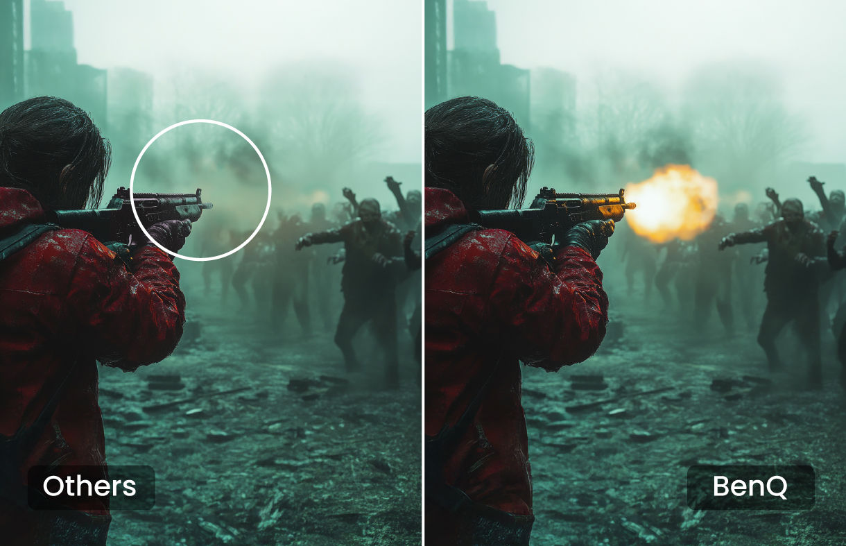Game scene comparison showing low input lag and faster response time with BenQ home entertainment projector