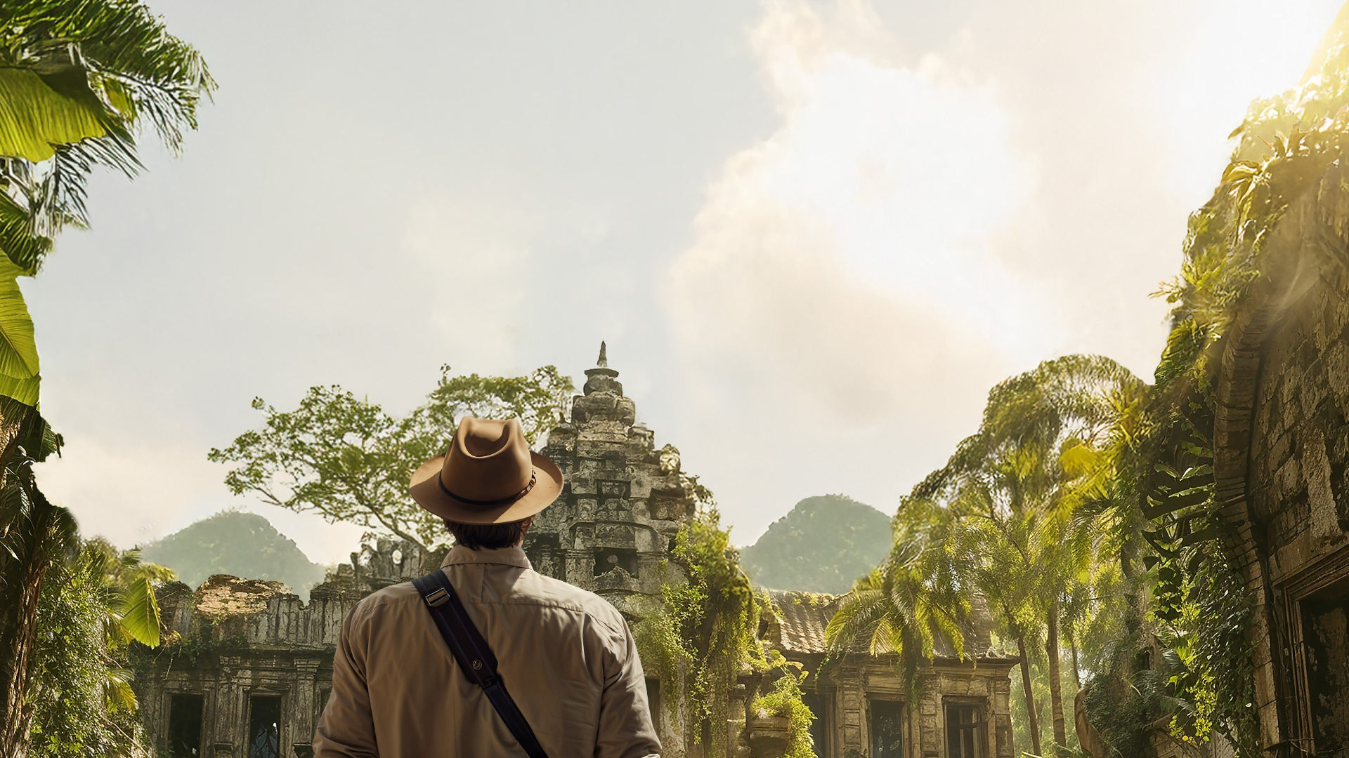 Explorer watching a vivid jungle temple scene projected in bright daylight, showcasing BenQ projector’s 3000 ANSI lumens and CinematicColor and HDR-PRO performance
