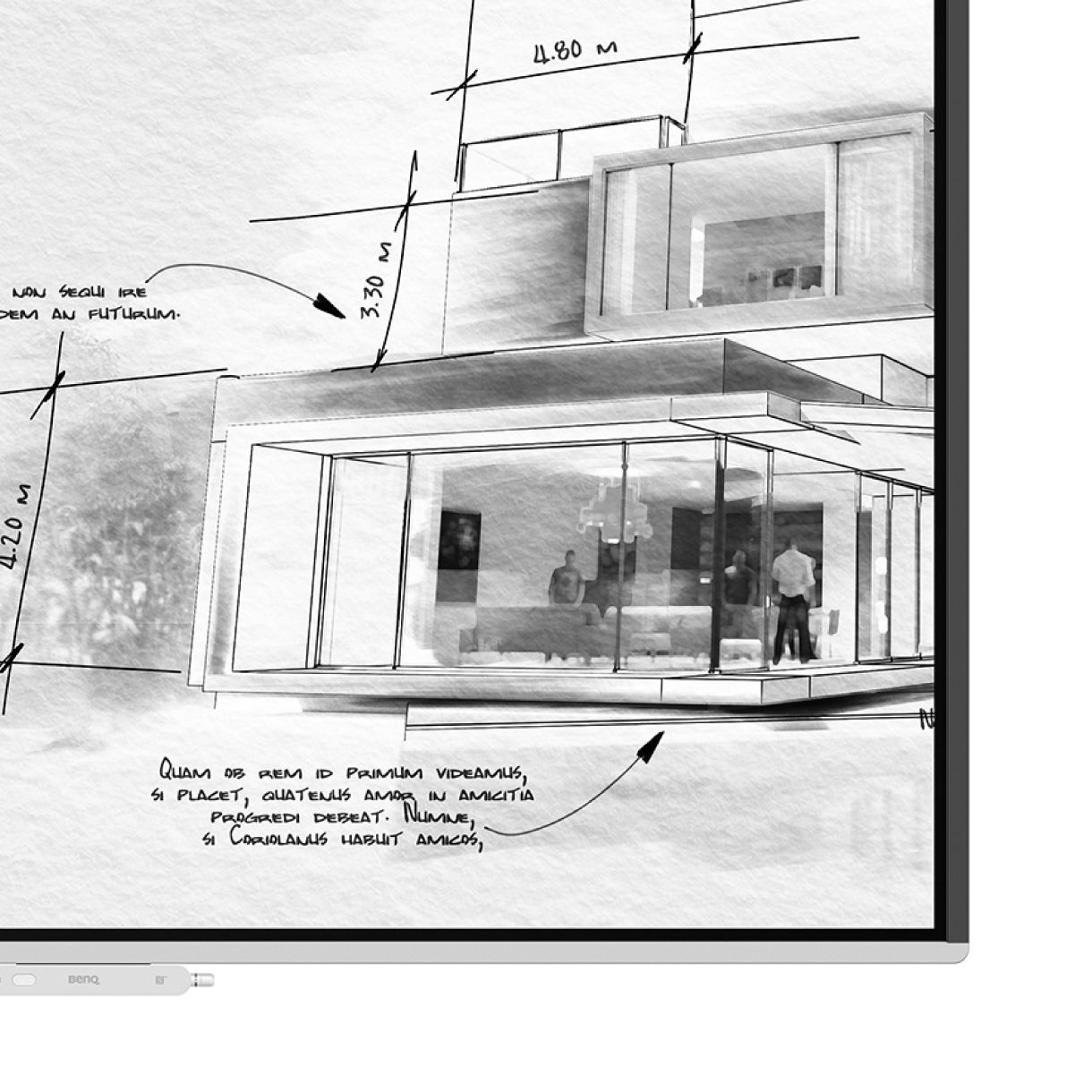 A BenQ interactive display in ePaper mode showing an architectural sketch on a textured grayscale background, optimized for visual comfort and efficient document review.