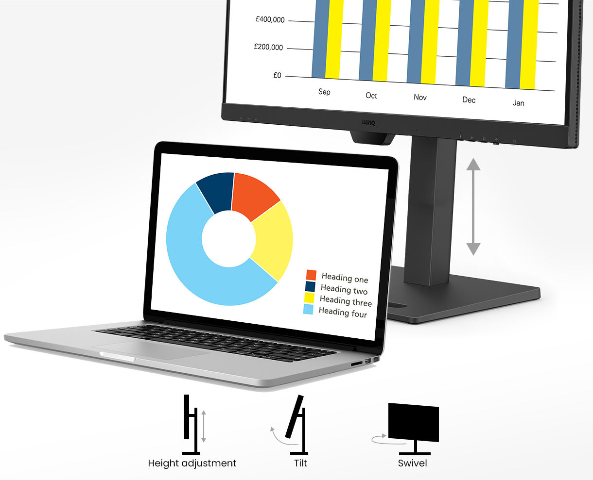 Adjust the monitor with height adjustable stand, tilt and swivel for easy customization and flexibility to create the ideal setup, ensuring productivity and focus	