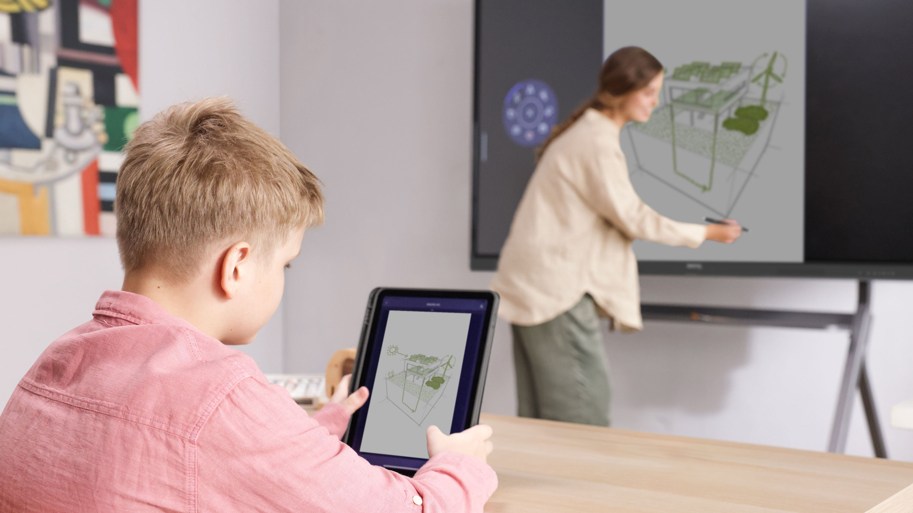 BenQ smart board with InstaShare 2, enabling wireless content sharing and interaction with any device from anywhere in the room.