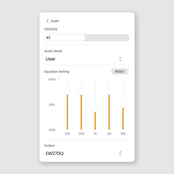 With BenQ Display Pilot 2 on-screen monitor control, you can easily adjust the equalizer in User audio mode to suit your personal preferences, ensuring a tailored audio experience.