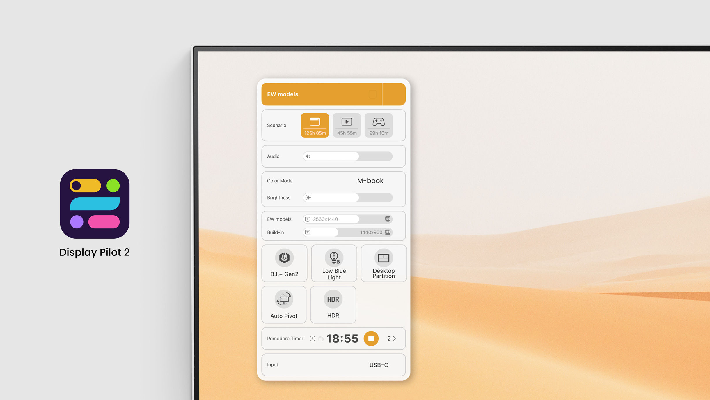 Display Pilot 2 on-screen monitor control caters to your needs, allowing easy arrangement of functions such as brightness, volume, pivot, eye-care function B.I.+ Gen2, scenario assistant, Pomodoro, audio equalizer, and more.