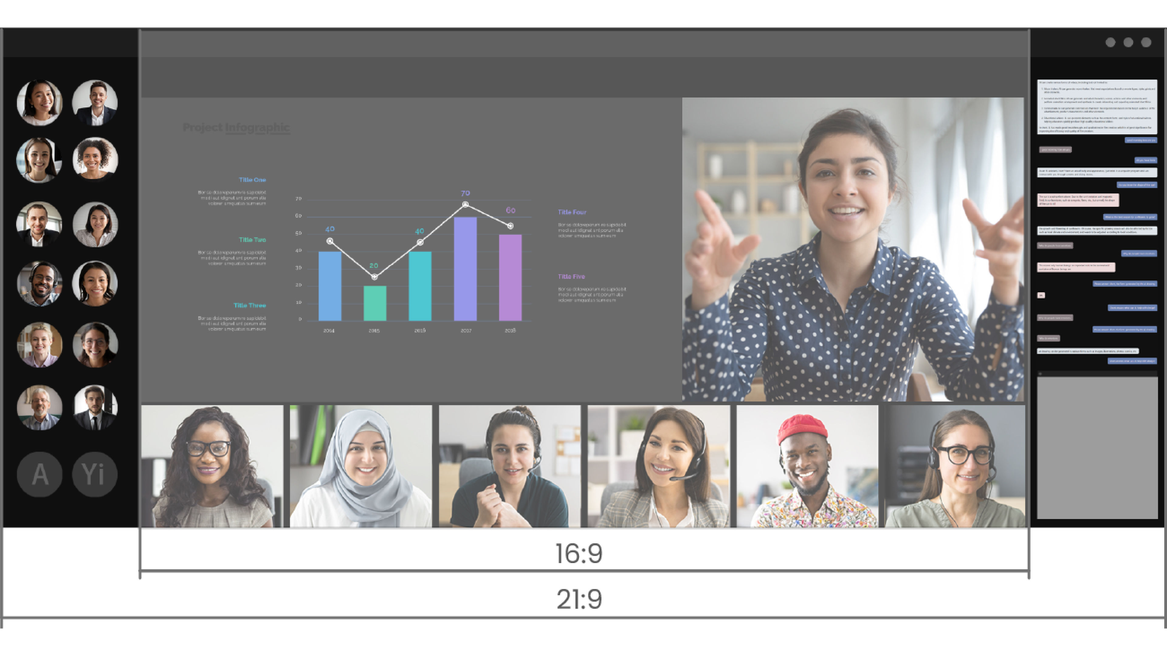 Augment virtual meetings with a 21:9 wide screen display, bringing face-to-face communication to life on a wide screen with Microsoft Teams Front Row layout support. 