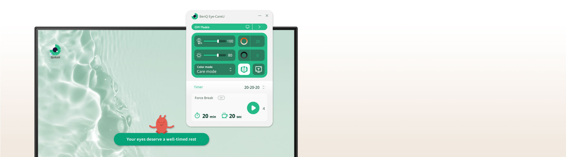 Eye-CareU is your screen-time sidekick, helping manage time and lighting with 20-20-20 rule that keeps you focused. 