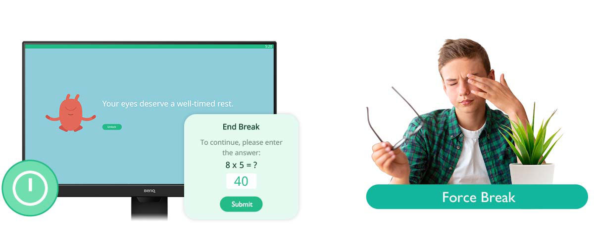 to decide the intervals for your screen to lock for 10 minutes at a time to build better habits with force break  let eye-careu remind you take breaks on a schedule you set yourself by force break