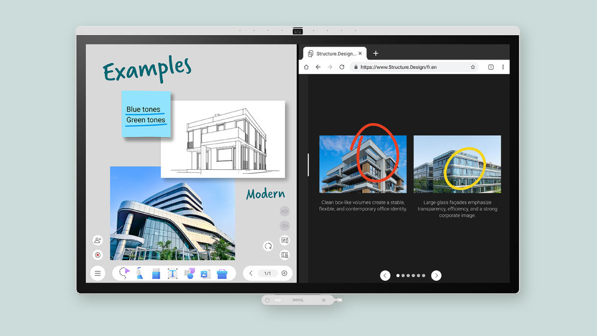 The EZWrite 6 split-screen interface featuring a Chrome browser alongside a whiteboard, allowing users to drag and drop images and text directly onto the canvas.