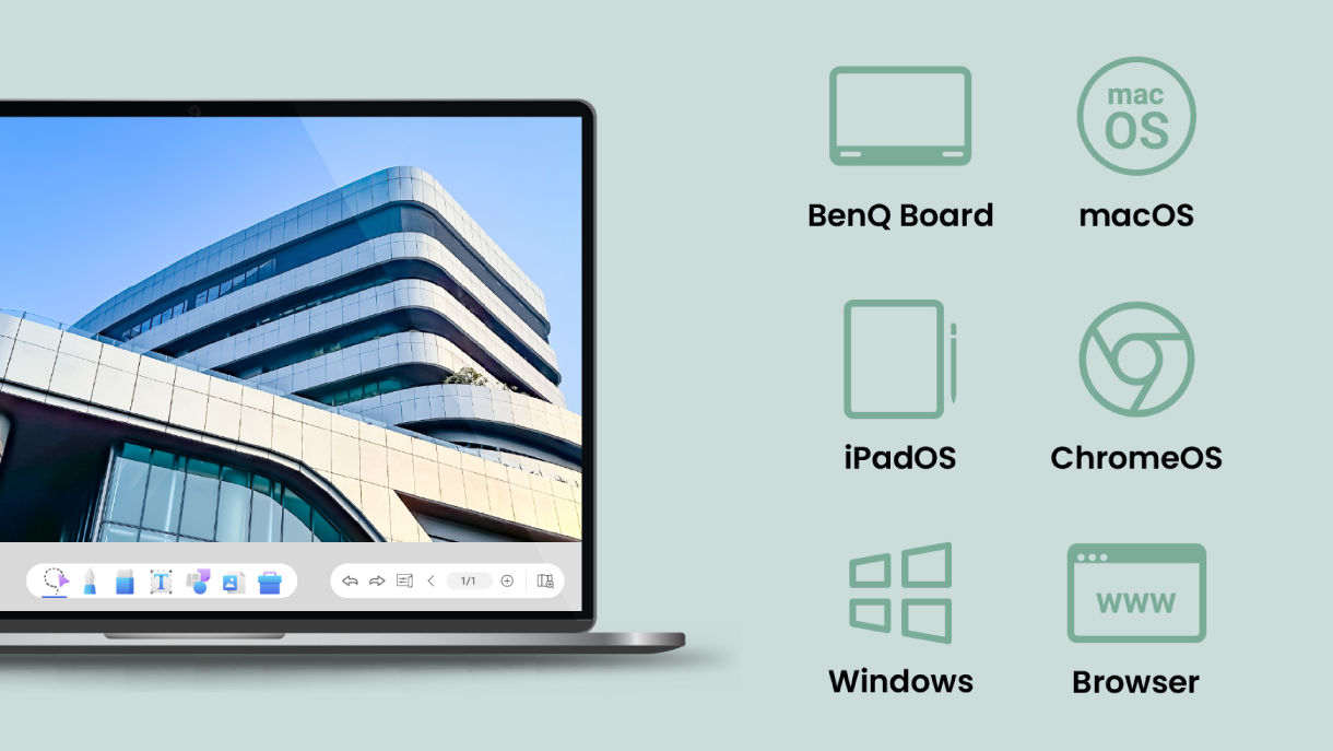 A laptop screen displaying the EZWrite interface with icons for macOS, iPadOS, ChromeOS, Windows, and web browsers, showcasing broad cross-platform compatibility.