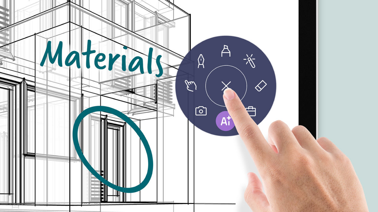 A close-up of a finger using the EZWrite floating tool wheel to annotate a 3D architectural wireframe, instantly transforming concepts into legible visuals.