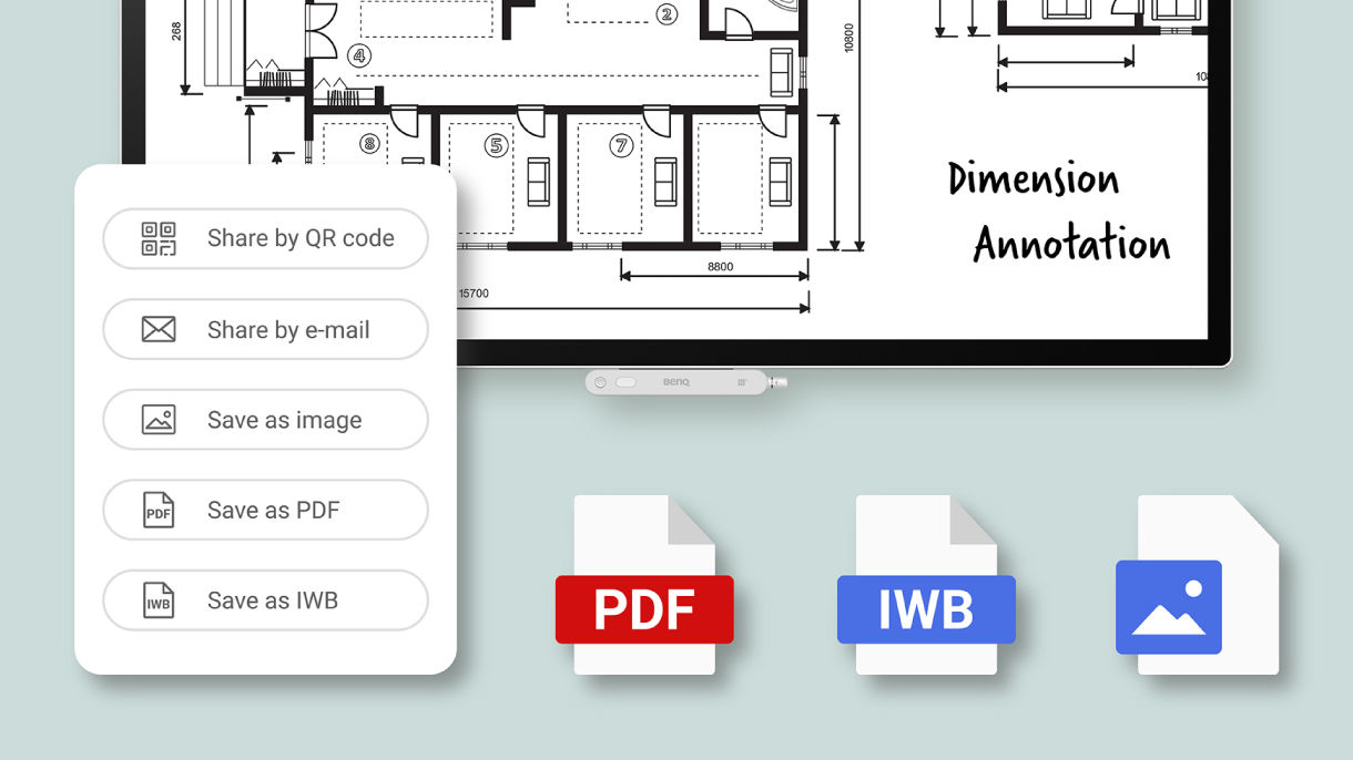 A digital menu on a BenQ board showing various export options, including saving EZWrite sessions as PDF, image, or editable IWB files, and generating a QR code for instant sharing.