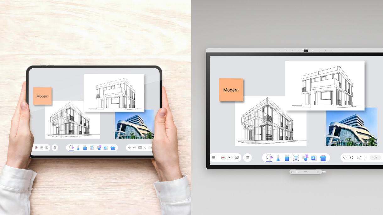 A person holding a tablet that mirrors the same architectural sketches as a BenQ display, demonstrating real-time remote collaboration across laptops, tablets, and interactive screens.