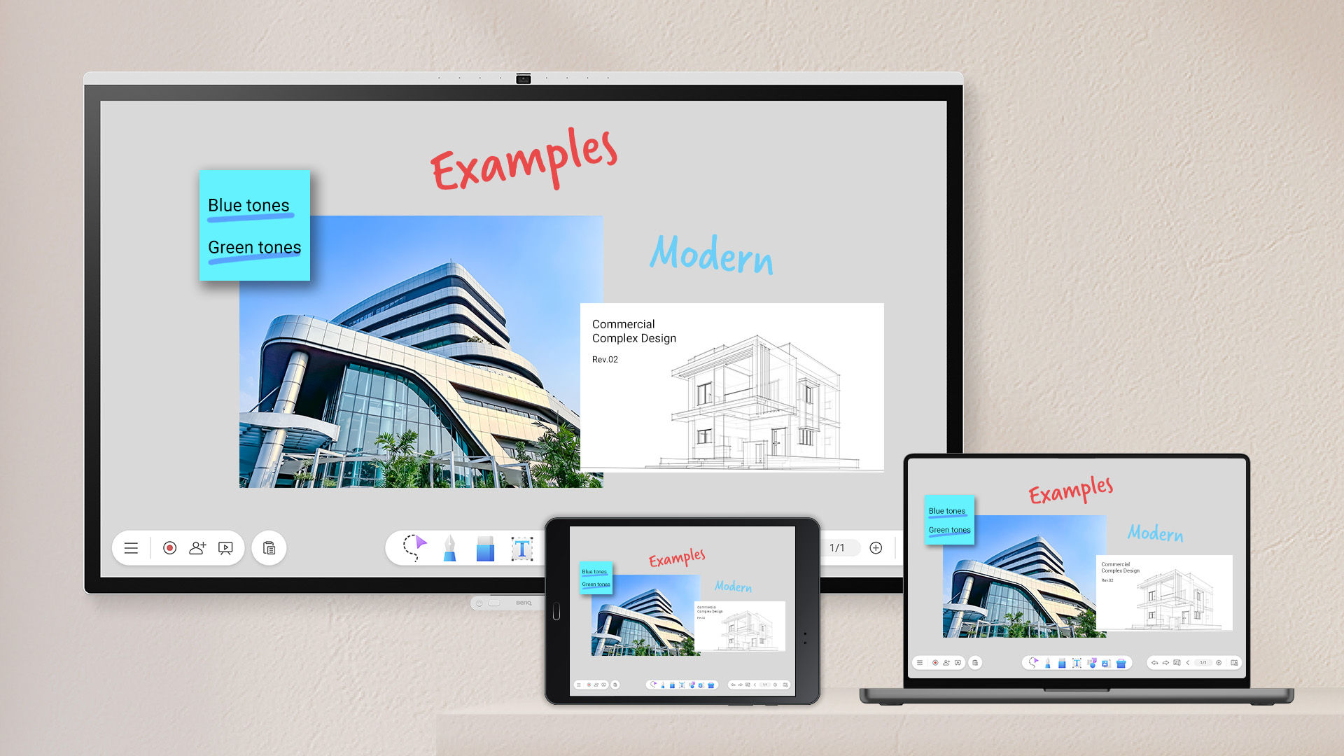 A BenQ board, tablet, and laptop all displaying a shared EZWrite session with architectural sketches, highlighting real-time collaboration across multiple devices.