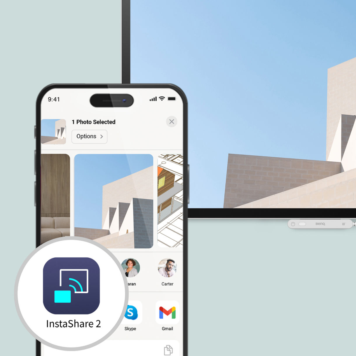 A smartphone user selecting photos from a native iOS gallery to cast directly to a BenQ display via InstaShare 2, bypassing the need to open the app for quick sharing.