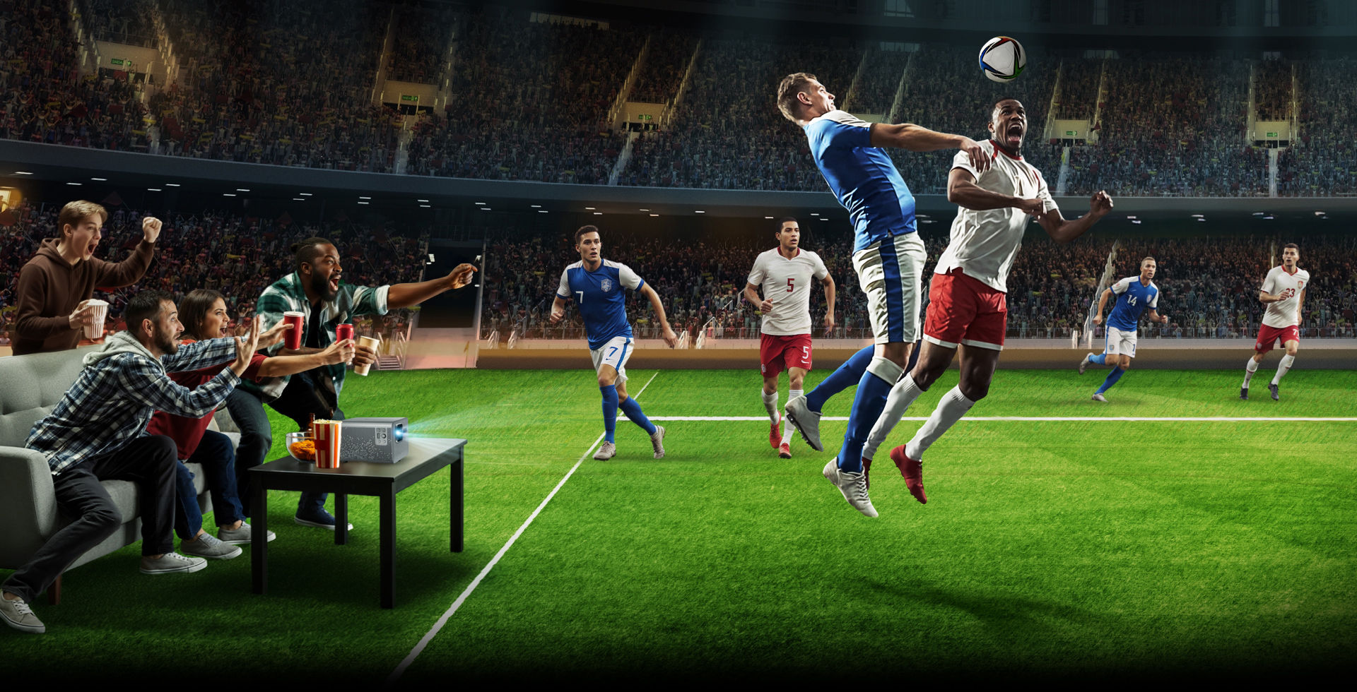 Projektor BenQ 4K do kina domowego podczas meczu światowej piłki nożnej na dużym ekranie dla wciągających, stadionowych doznań w domowym salonie podczas turnieju 2026.