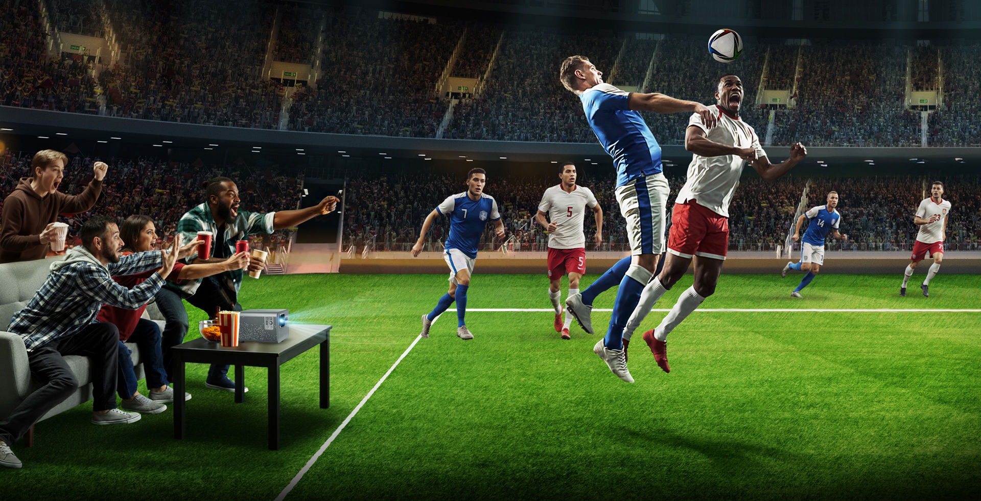 BenQ 4K home theater projector displaying a world football match on a large screen for an immersive stadium-like living room experience during the 2026 tournament.