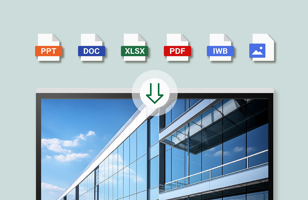 A set of icons for PPT, DOC, XLSX, PDF, and IWB files being imported into EZWrite 6, showcasing universal file compatibility with cloud storage.