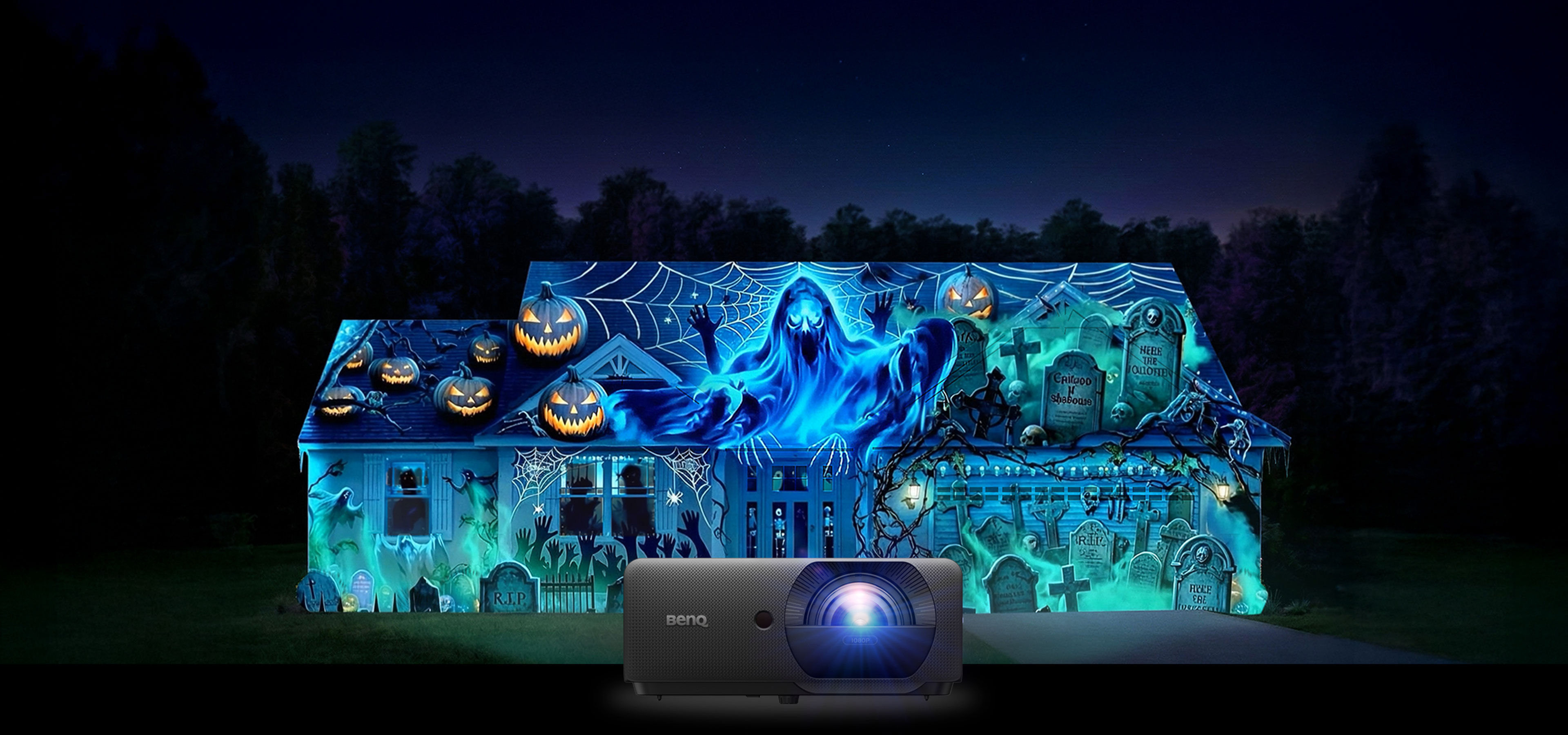 BenQ house mapping projectors deliver vivid color and brightness with fast installation, turning your home into a Halloween wonderland in seconds.​