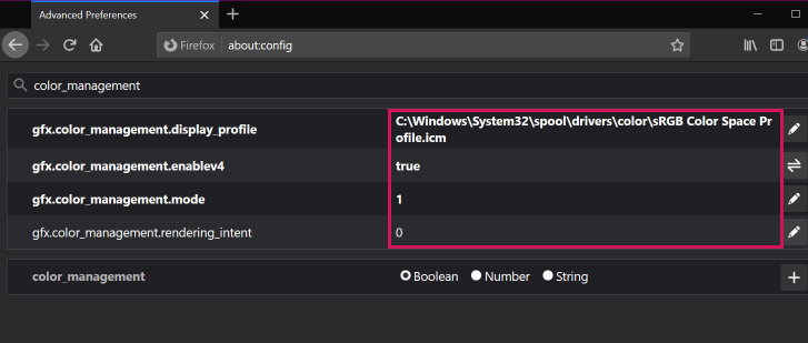 enable color management for firefox gfx color management display profile