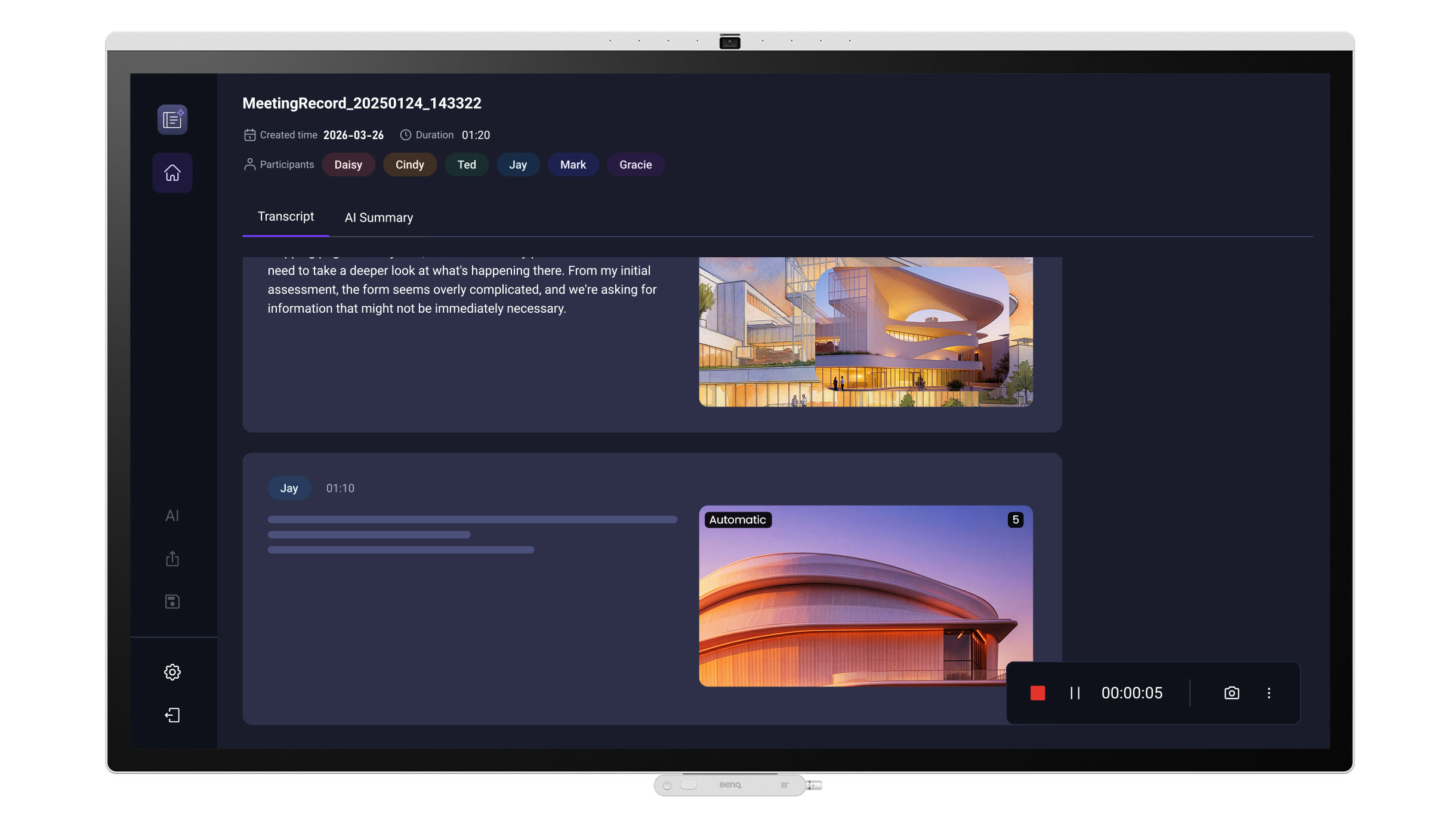  SummarAI running on a BenQ Board displays real-time meeting transcripts and AI-generated summaries.