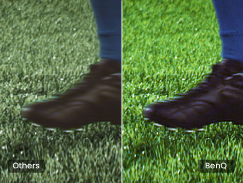 BenQ DLP projector technology comparison showing deeper blacks, subtle layers of detail without washout, and sharp motion on a soccer shoe for night matches with stadium depth.