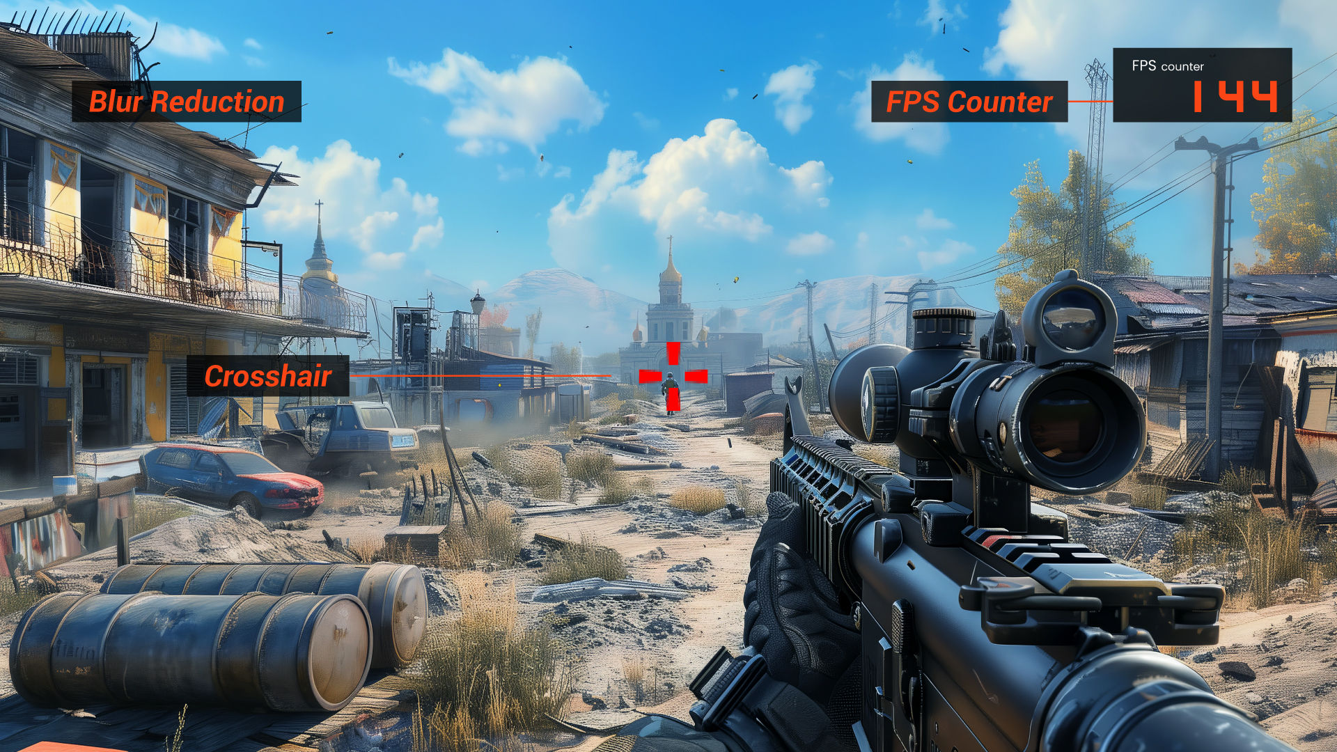 MOBIUZ monitors feature Crosshair, FPS Counter, and Blur Reduction, providing an FPS-oriented boost for enhanced accuracy and performance in fast-paced gaming.