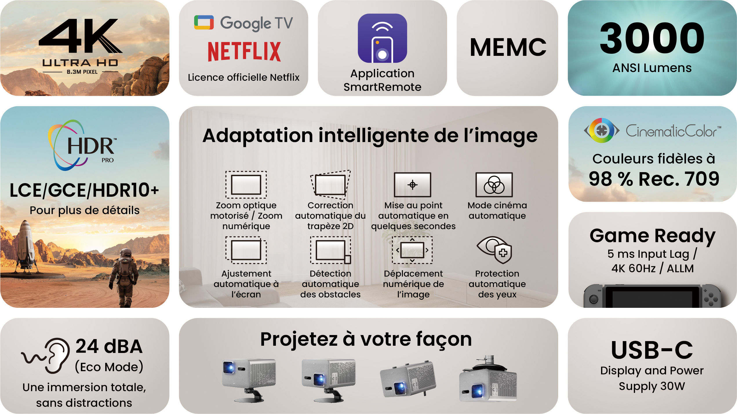 BenQ TK705i 4K home entertainment HDR projector features 3000 lumens, Smart Image Adaptation, Google TV, low input lag