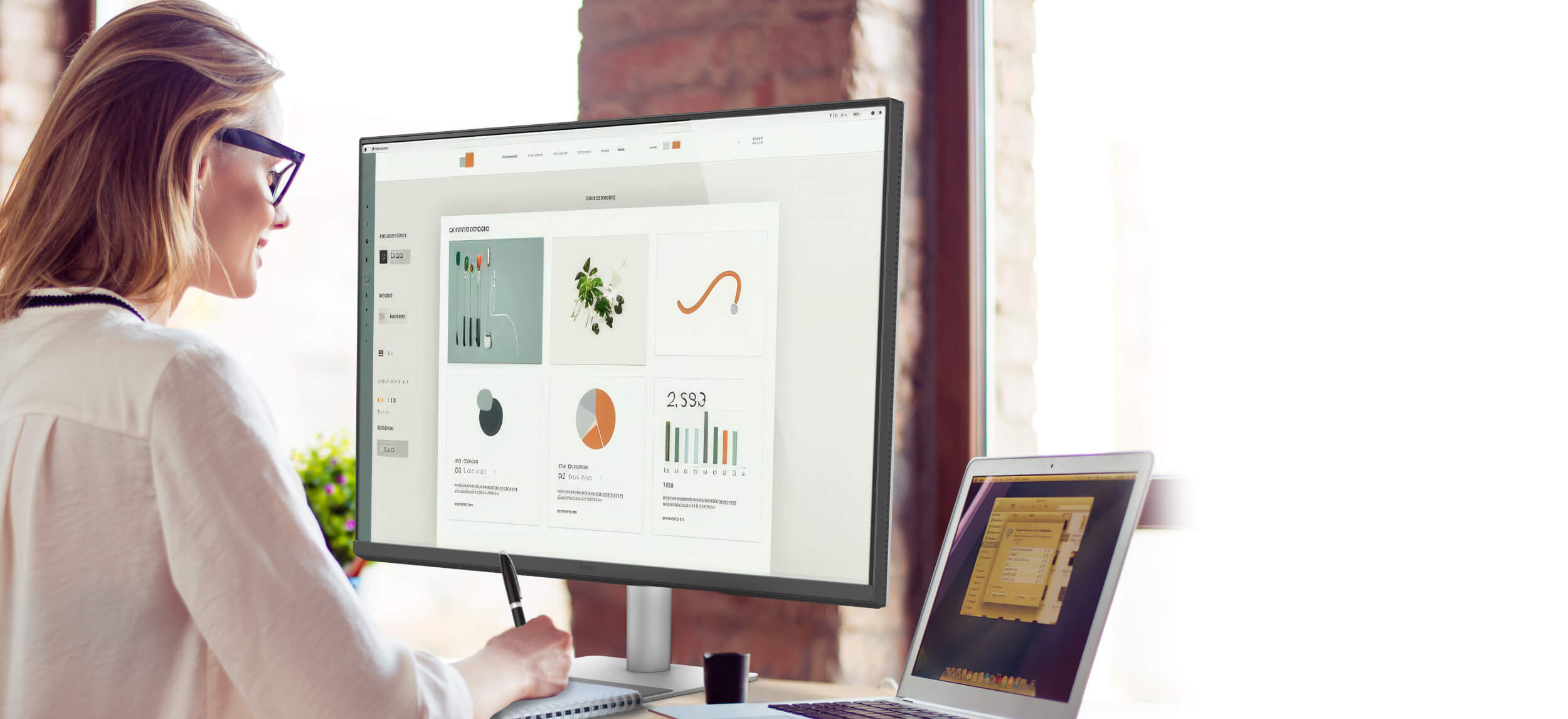 Frau arbeitet am externen Monitor für Mac