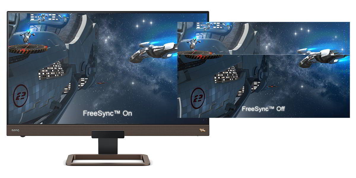 The monitor shows two display pictures, one with FreeSync mode on and the other with FreeSync mode off.