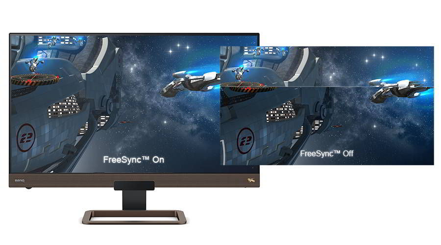 The monitor shows two display pictures, one with FreeSync mode on and the other with FreeSync mode off.