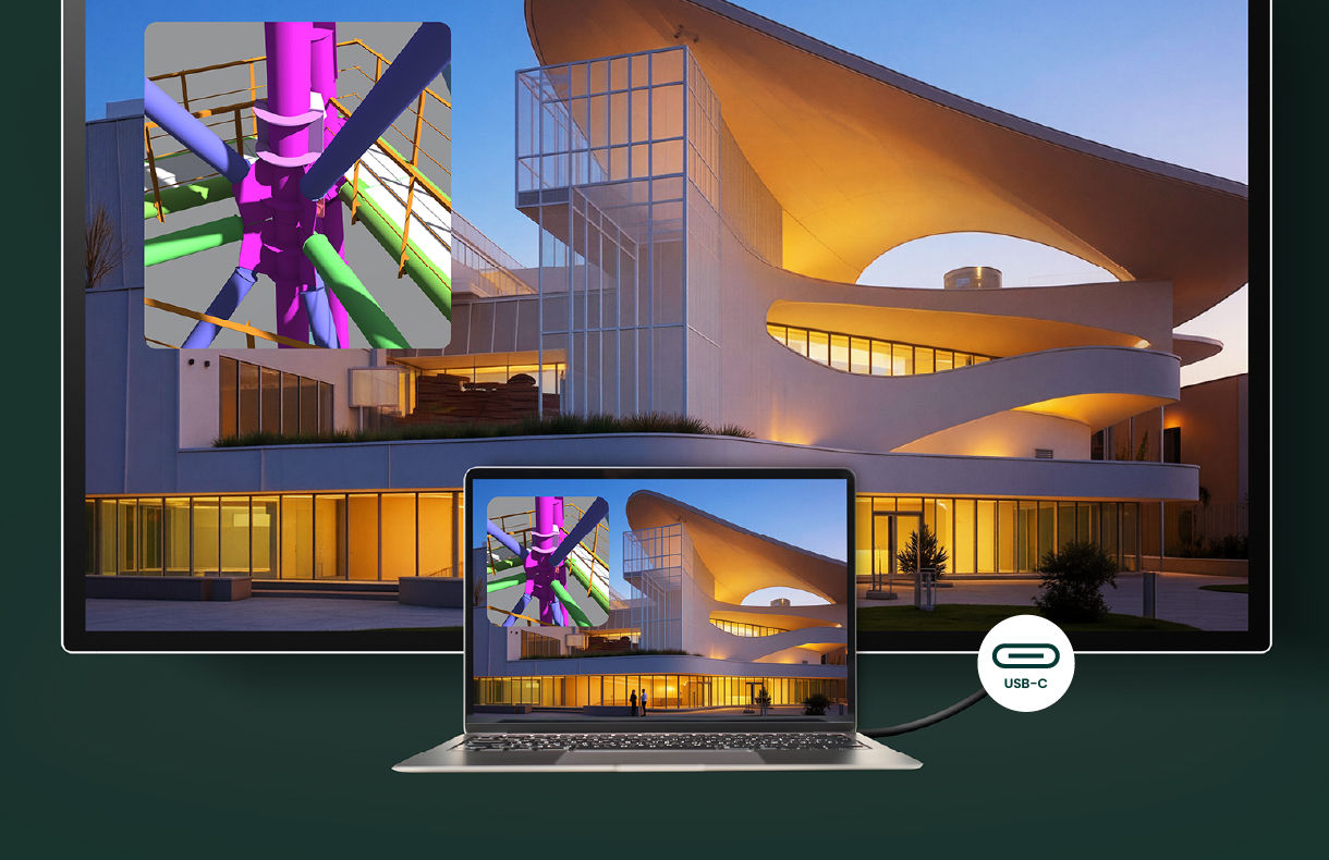 A laptop connected to a BenQ Board via a single USB-C cable, mirroring a complex 3D structural model while charging, showcasing the seamless connectivity of this BenQ interactive display.