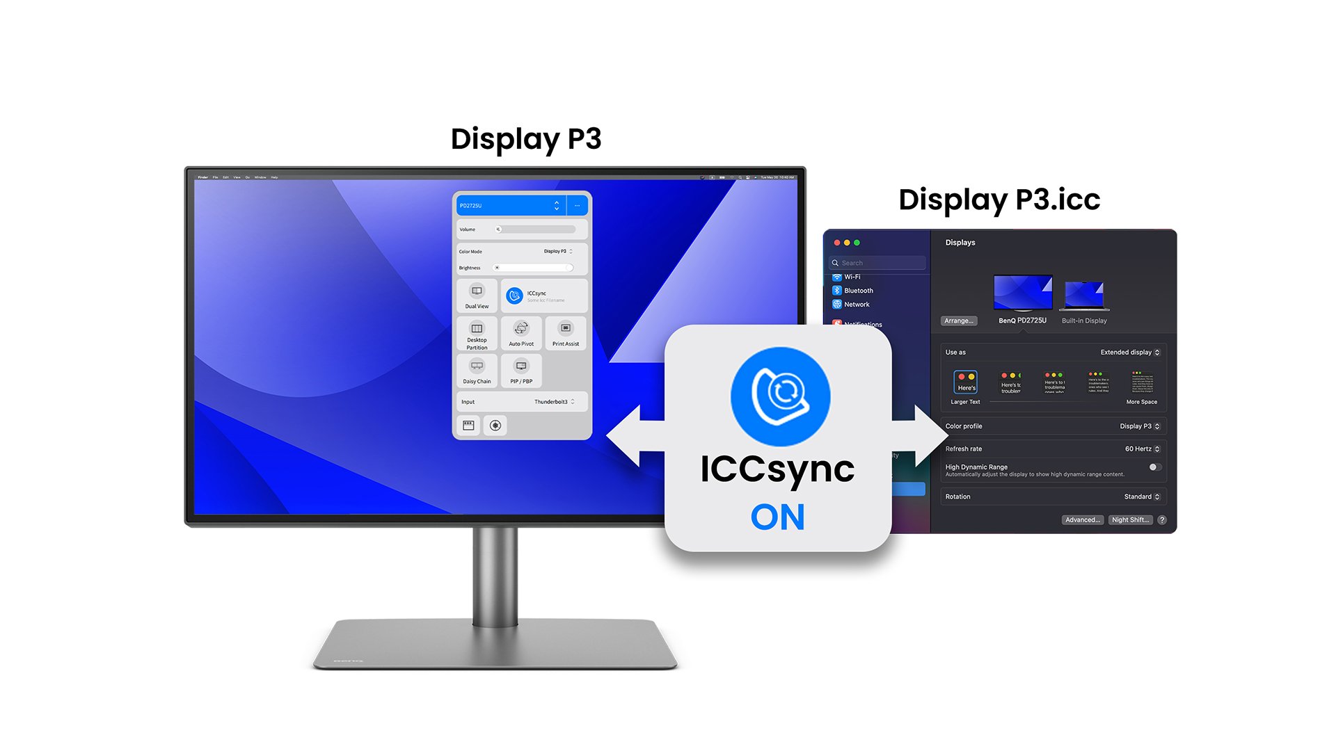BenQ ICCsync auto-matches and auto-synchronizes ICC profiles on the monitor when you change color modes, and also between your Mac and BenQ monitor.