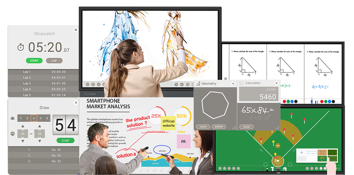 BenQ DuoBoard smart interactive display features cloud whiteboarding, team posts, sticky note, lucky draw, stop watch, calculator, and many engaging tools for your employee training.  