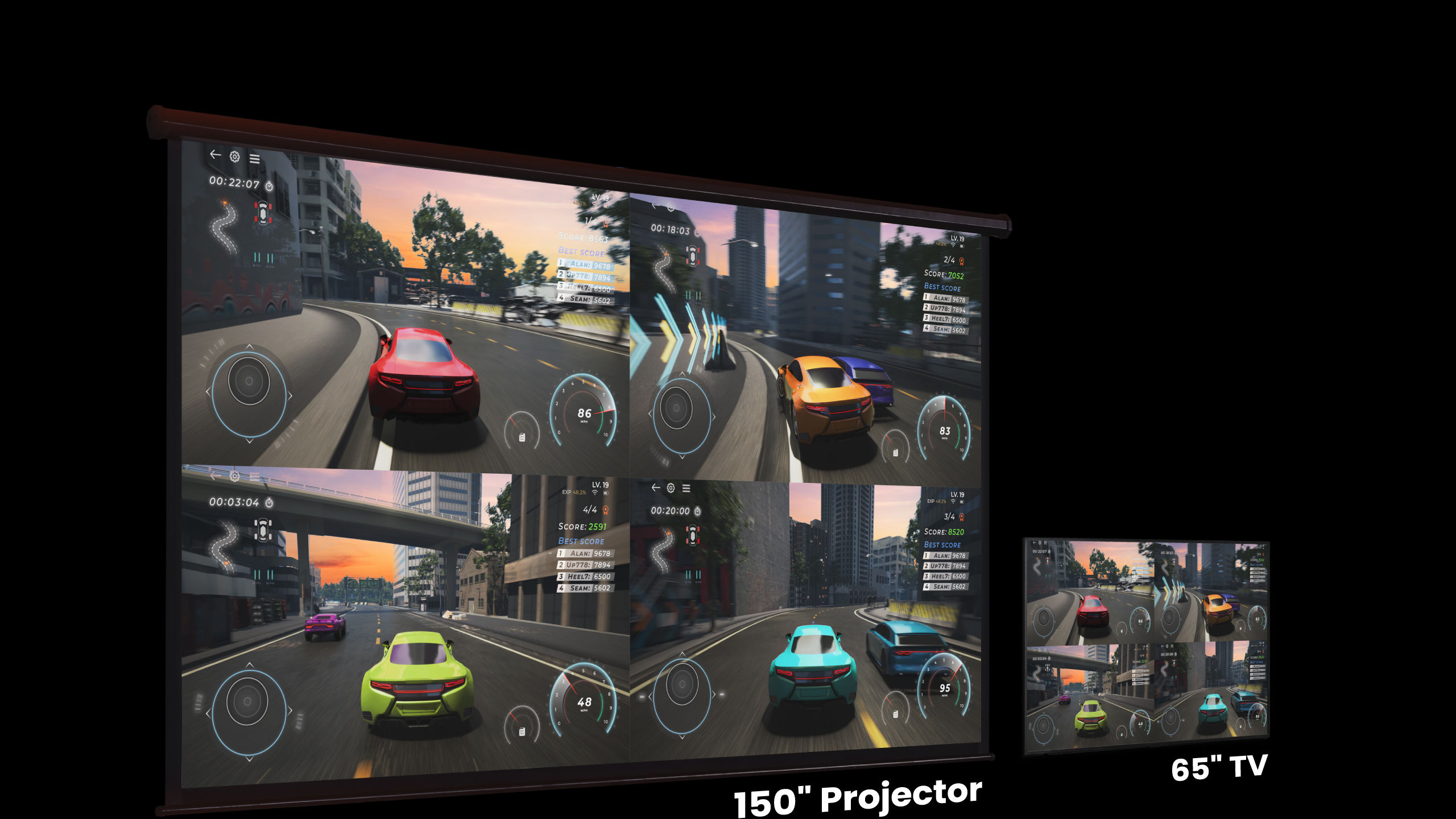 Experience big enough 4k projector for video games with a 150 inch screen compare to 65 75 85 95 inch TV for clear multiplayer coop split-screen sessions with friends.