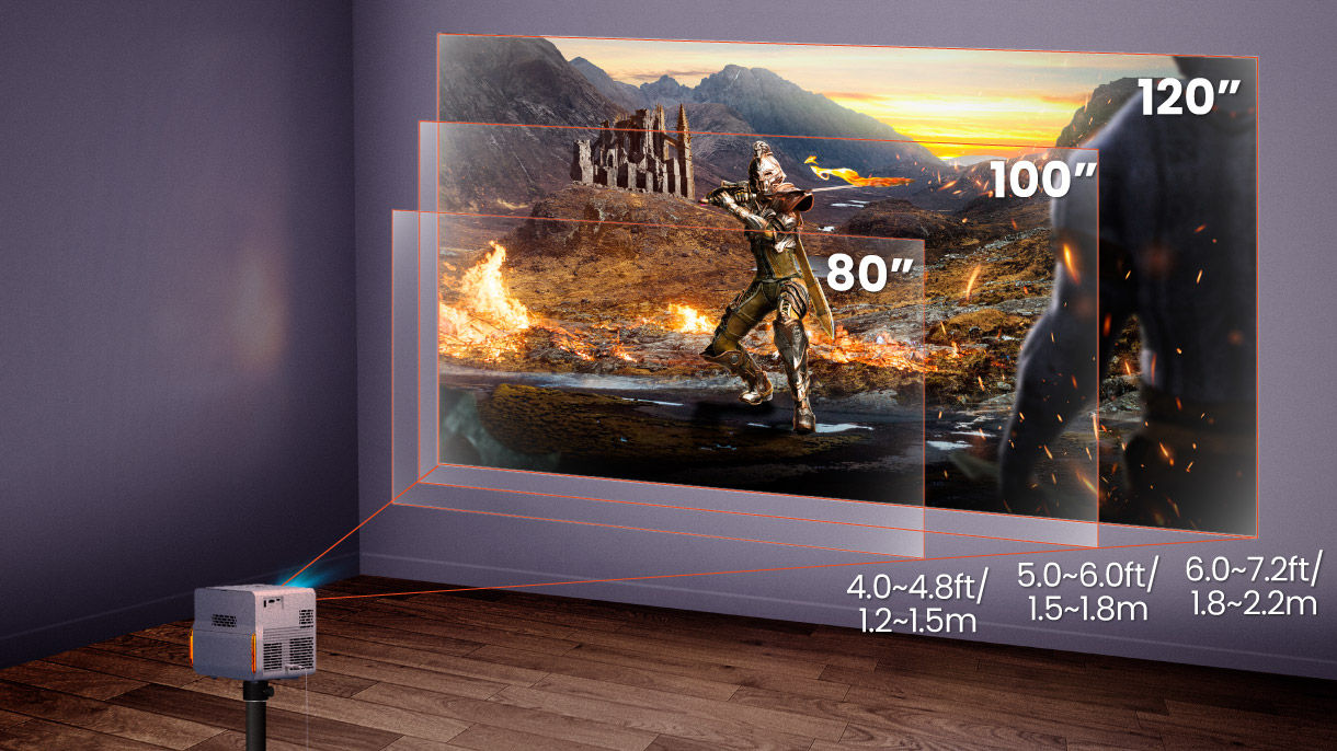 BenQ X500i console gaming projector with a short throw ratio of 0.69~0.83 and 1.2x zoom to project a 95” screen from just 1.44m