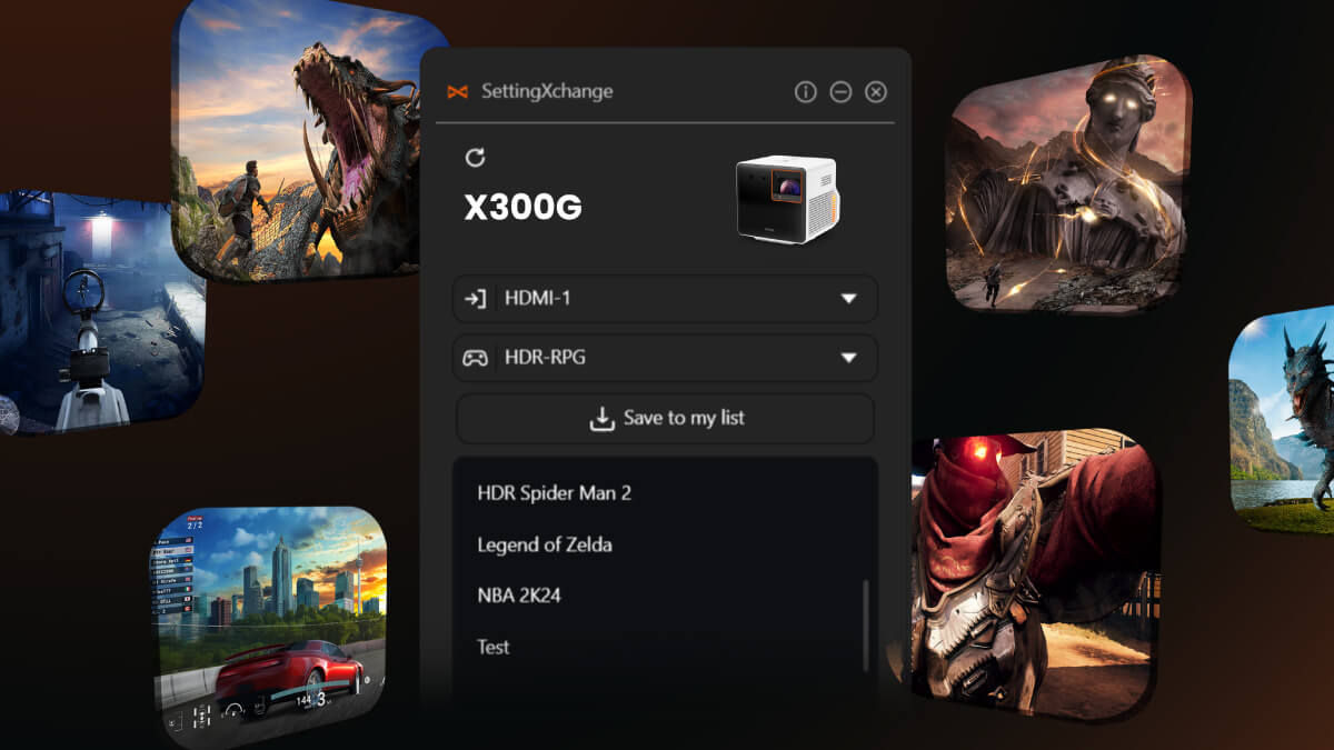 Proiectorul portabil de gaming pentru consolă BenQ X300G cu software-ul BenQ SettingXchange poate importa, exporta și partaja cu ușurință setările imaginii proiectorului în timp ce actualizează firmware-ul