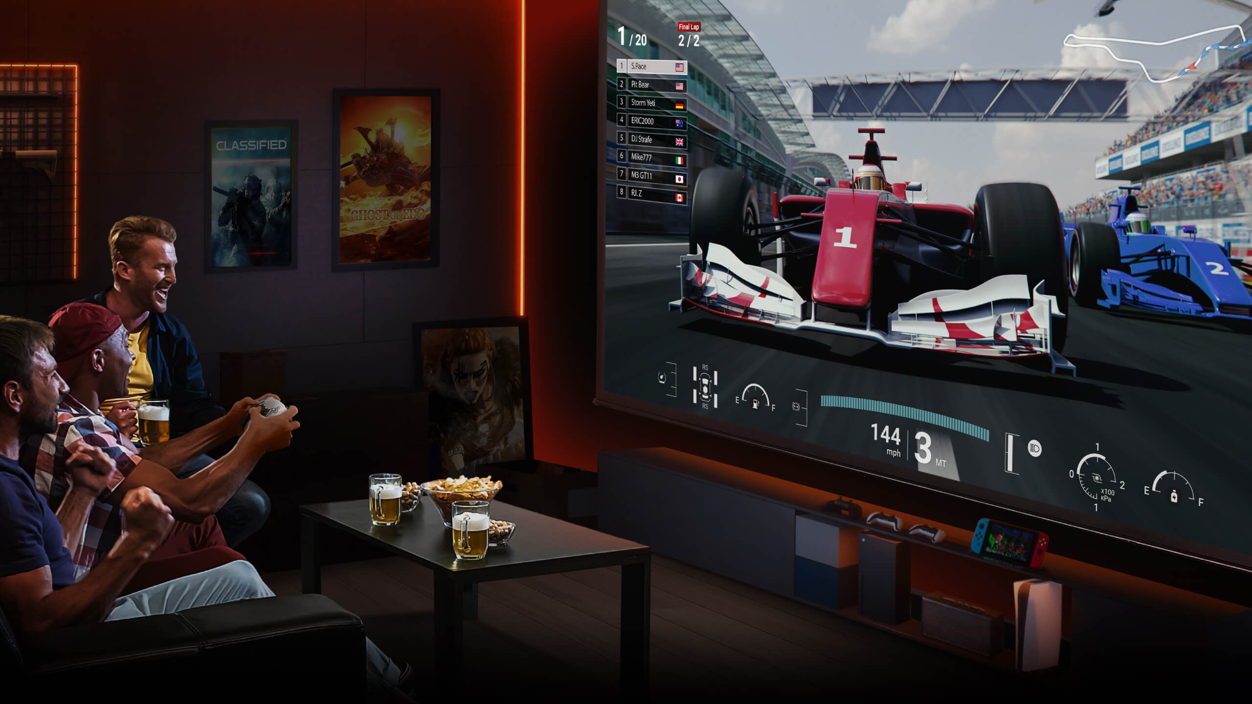 Invite friends over for a weekend gaming party in your legendary gaming space, featuring unforgettable multiplayer action and fun with BenQ best 4k projector for gaming in 2024