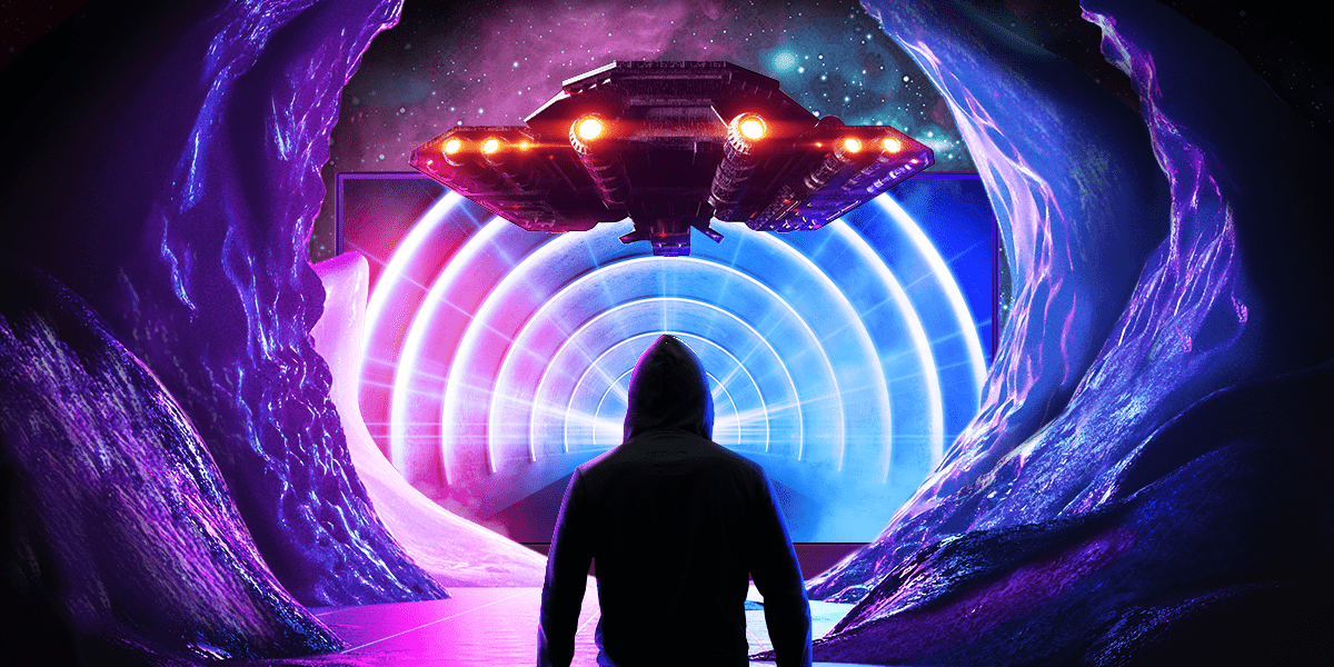 gaming image of a man in a cave with a ufo