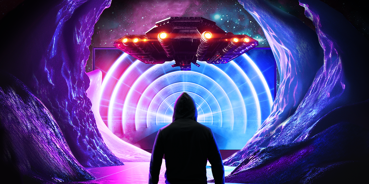 gaming image of a man in a cave with a ufo