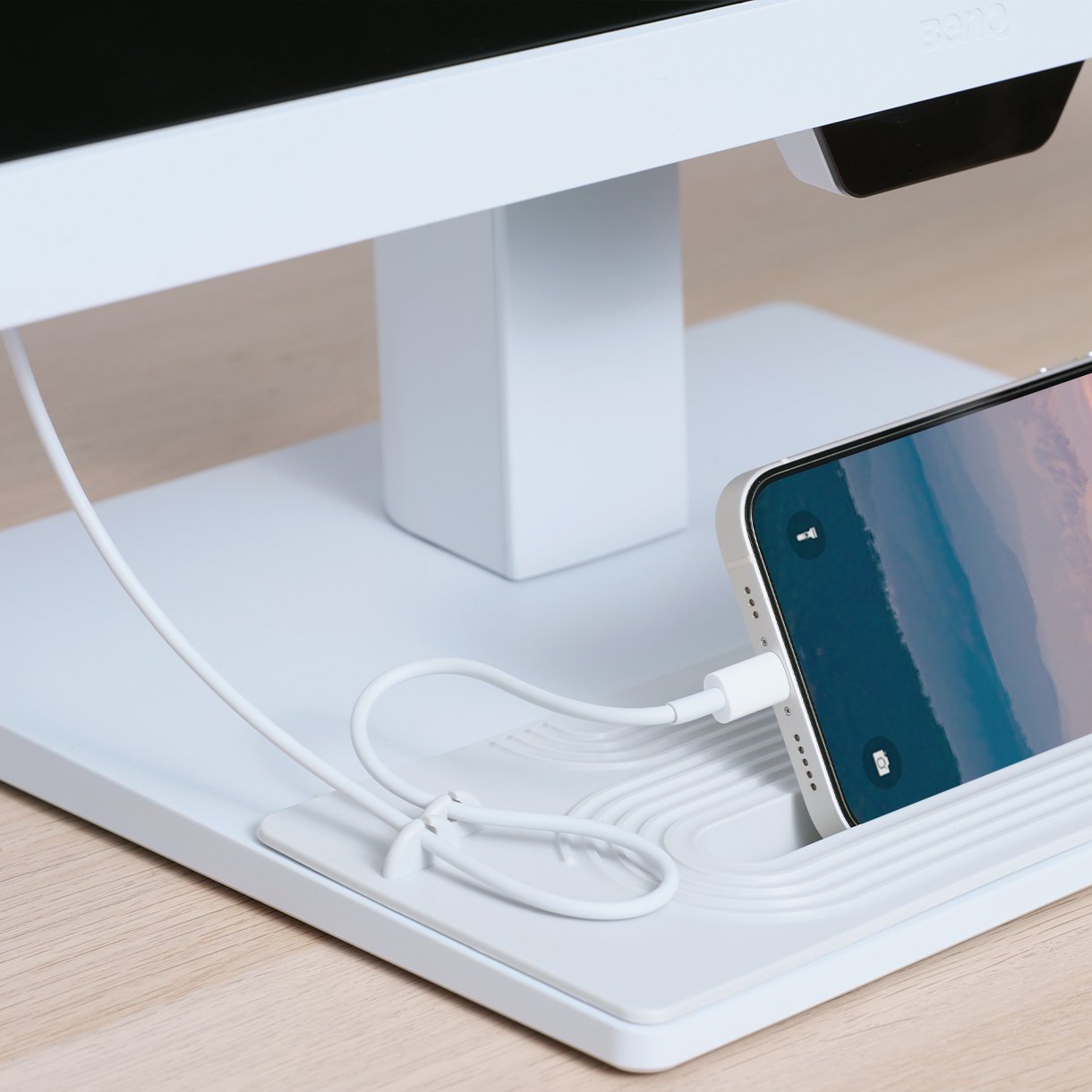 BenQ GW2790QT optional accessory base cover GC01 keeps your cords untangled and easy to use while the downstream USB-C™ port delivers data and power to your phone.