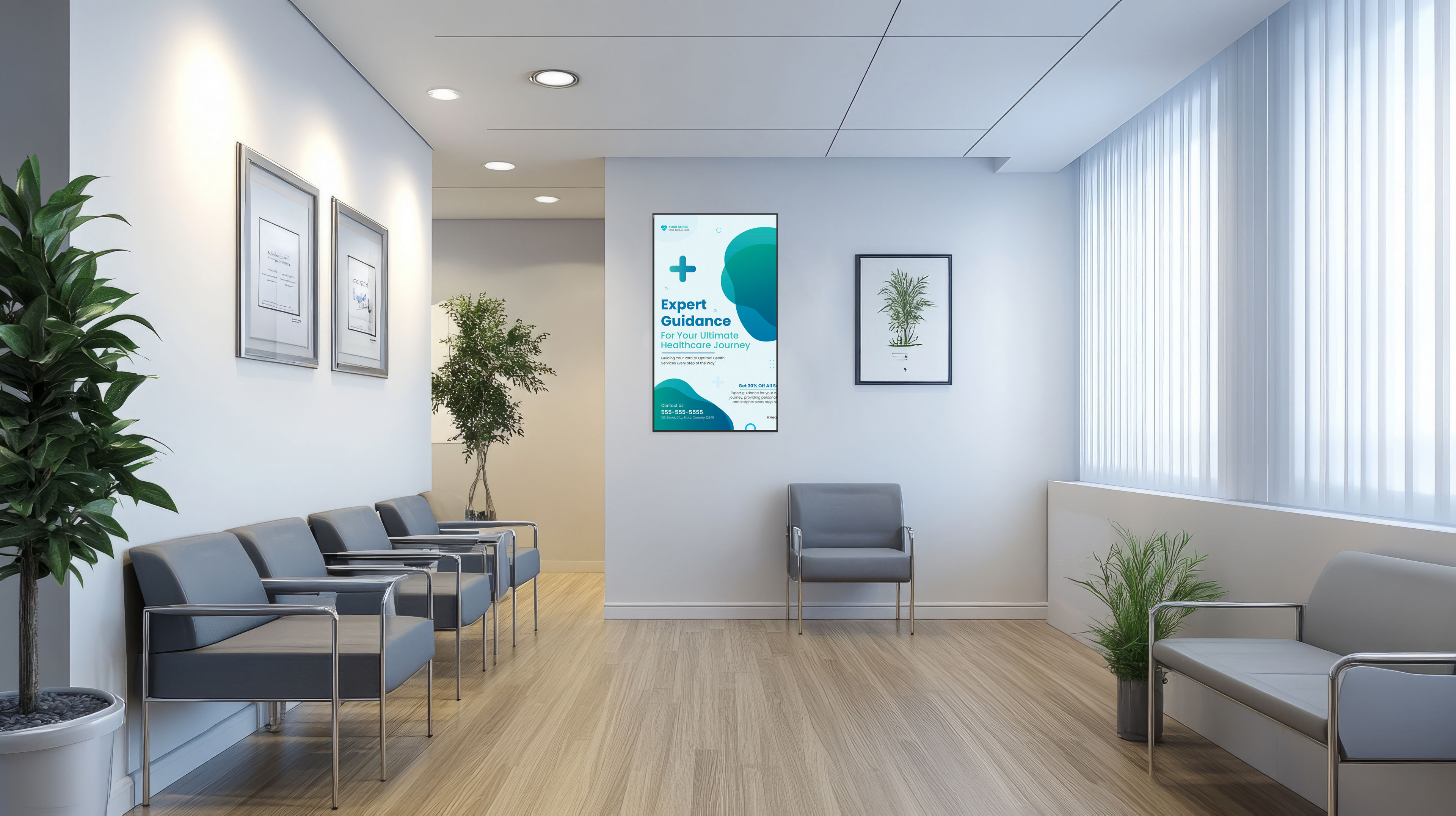 A modern doctor's office waiting room with a clean white wall, soft gray chairs, and elegant oak flooring.